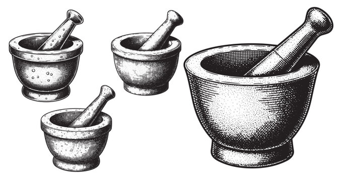 Pharmacy mortar and pestle engraving illustration for medical branding