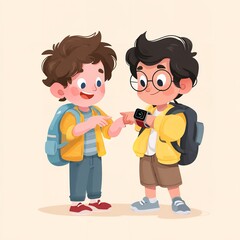 Two happy schoolboys with backpacks looking at a smartwatch together
