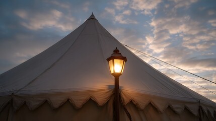 Illuminated vintage lamppost in front of a canvas tent during golden hour with dramatic sky