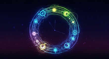 Intricate glowing digital clock mechanism rotates against a dark space background