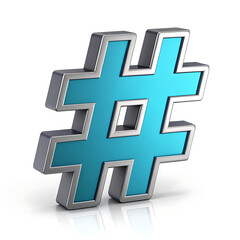 Obraz premium Cyan 3D Hashtag Symbol with Silver Metallic Edges on a White Background blue