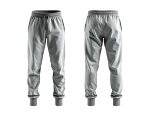 Two views of a pair of grey, casual, tapered trousers