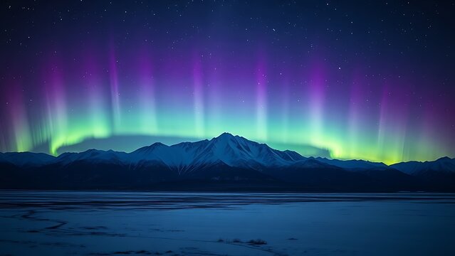 A majestic landscape under a starry night sky with flowing curtains of green and purple aurora over a mountain range.
