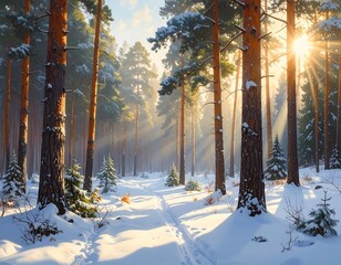 A snow-covered forest path bathed in sunlight, with tall trees and sparkling snowdrifts