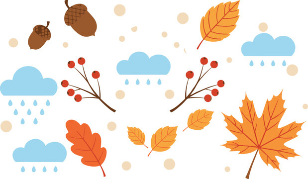 Autumn seamless pattern with falling leaves, acorns, rain clouds and berries, cozy fall nature cartoon vector background