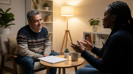 A male therapist in a cozy office setting discusses with a female patient about her mental health and well-being, offering support and guidance during their session