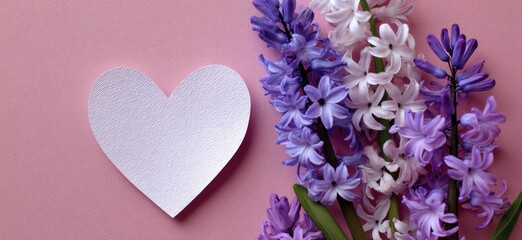 A heart cutout rests beside a cluster of purple and white flowers on a pink background