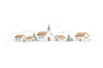 Watercolor winter village landscape with church and houses creating a cozy christmas scene, transparent background
