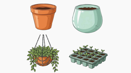 Fototapeta premium Various potted plants and seedlings displayed in different containers and planters from a top-down viewpoint