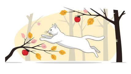 A playful white cat leaps gracefully through an autumn orchard with colorful trees