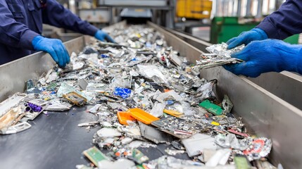 Hands sorting scrap circuit boards and metal parts at waste recycling plant 