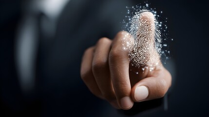 Human finger pressing against glowing digital security fingerprint scan interface background