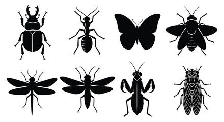 A collection of monochrome insect silhouettes showcasing beetles ants butterflies and various other bugs © Asikder02