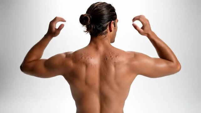Mans upper back close up skin texture on white background