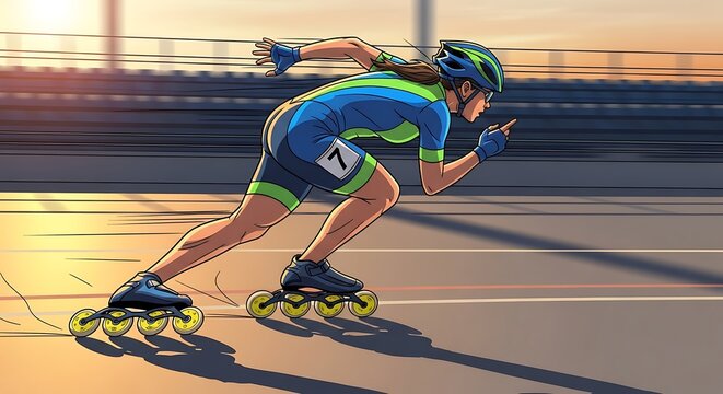 Dynamic Inline Skater Racing on Track at Sunset.
