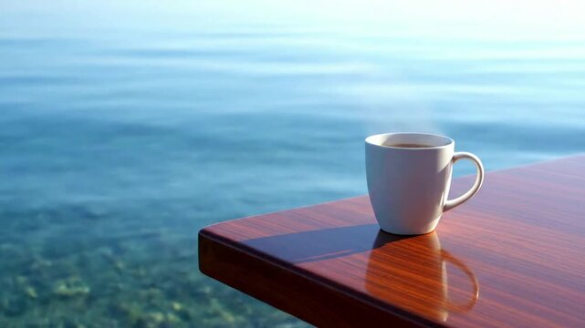 A close-up of a white espresso mug and saucer filled with hot black coffee on a brown wooden cafe table during a quiet morning breakfast