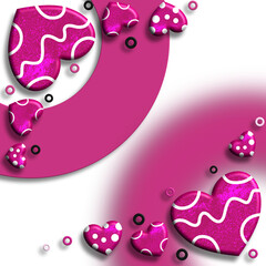 purple abstract background with pink striped hearts and white wavy shapes