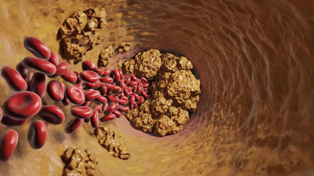 Medical illustration of artery blockage showing blood cells and plaque