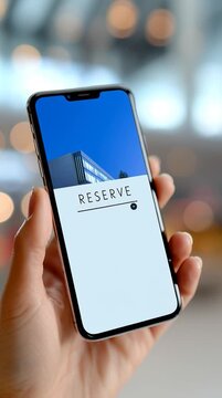 A traveller booking hotel room using mobile application.  Smartphone screen showing "RESERVE", with Hotel building photo, copy space. 