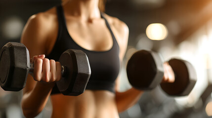 Close Up Of Woman Lifting Heavy Dumbbells During Workout In Gym 