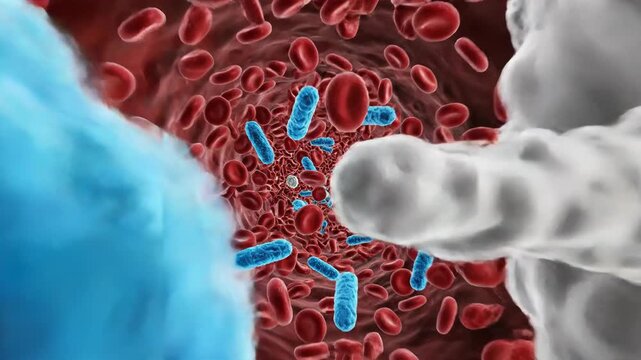 Medical illustration bloodstream with red blood cells and microbes