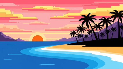 Fototapeta premium Tropical beach landscape with palm trees at sunset.