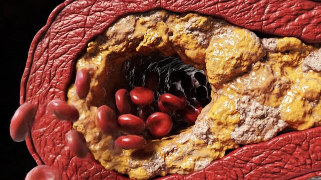 Medical illustration of artery section with plaque buildup and blood cells