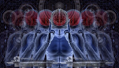 Blue translucent human figure with a prominent red brain and pointing fingers, surrounded by futuristic blue circuit board patterns and abstract DJ equipment, representing mind, technology, and music.