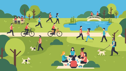 Obraz premium People enjoying a sunny day in the park with various activities.