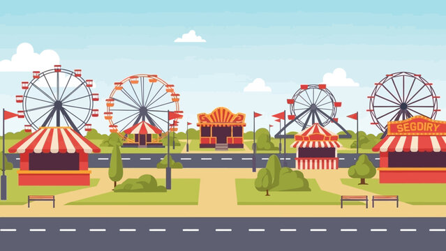 Vibrant cartoon illustration of a lively fairground scene with Ferris wheels and tents.