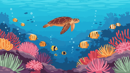 Underwater Scene with Sea Turtle and Colorful Fish. © Abhinaya Project