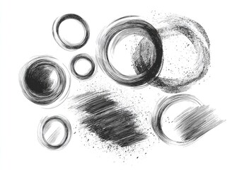 Collection of abstract, textured, gray circles and strokes on a white background