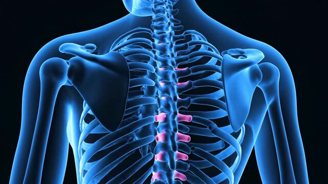 Human spine visualization with translucent bones and deep blue background