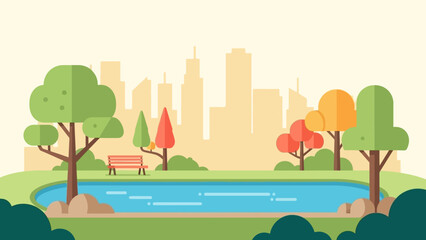 Serene Park Scene with City Skyline and Pond.