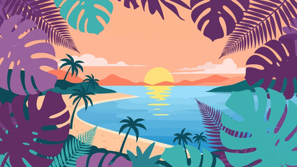 Tropical beach landscape with palm trees at sunset.