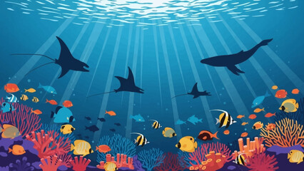 Vibrant underwater scene with coral reef and marine life.