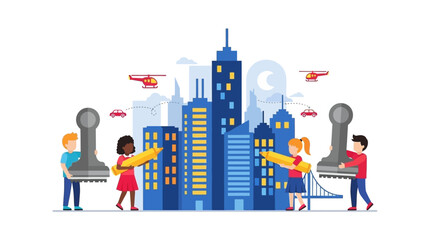 Teamwork and collaboration in a modern cityscape with people working together.