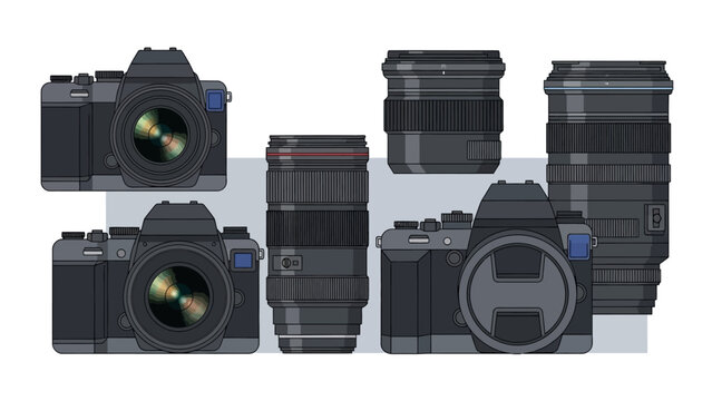 Collection of digital cameras and lenses on white background.
