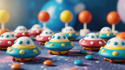 Colorful Toy UFOs Scattered Amongst