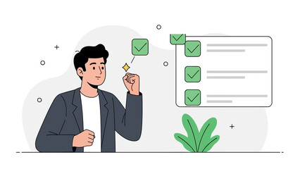 Man celebrating successful task completion with checklist and checkmarks