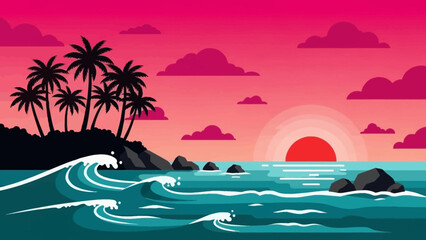 Tropical Island Sunset with Palm Trees and Ocean Waves.