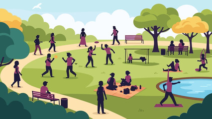 People engaging in various activities in a vibrant park setting.