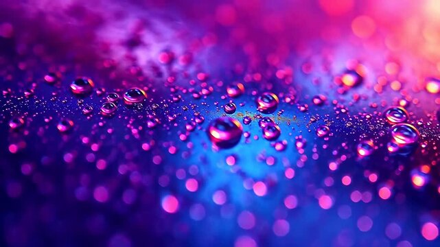 Abstract neon purple and blue water droplets macro closeup of condensation rain drops on glass with dreamy bokeh. Vibrant glowing liquid texture background for tech fashion cyberpunk or ASMR relaxatio