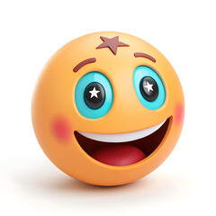 Orange cartoon emoji face with big eyes and a wide smile on white background emoticon