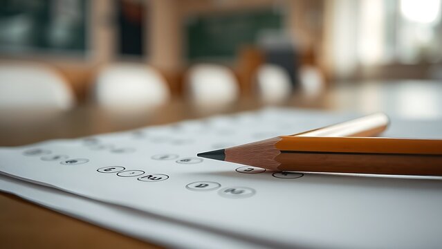 Close-up of exam paper with resting pencil, captured in shallow focus under soft classroom light.