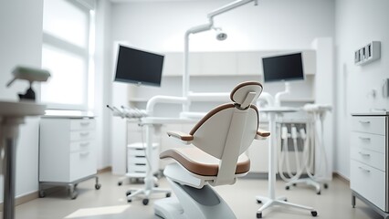 A sleek modern dental chair in a pristine, minimalist clinic environment.