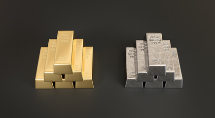 Concept of asset balance and wealth strategy. Stacked gold bars and stacked silver bars face each other in a dark studio scene. Designed for gold investment brands, gold reserves marketing, silver tra