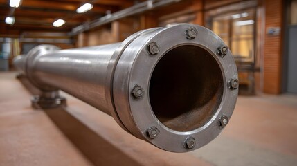 Close up of a large industrial steel pipe section with bolted flanges showing its hollow interior and metallic texture in a workshop