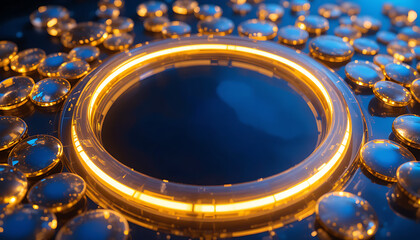 Glowing golden ring surrounded by reflective orbs on dark background