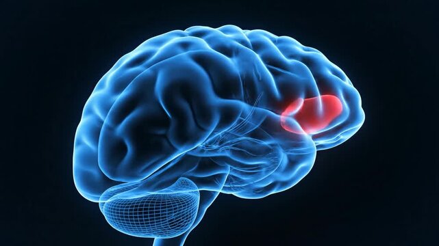 Medical illustration of a human brain with highlighted anatomical regions